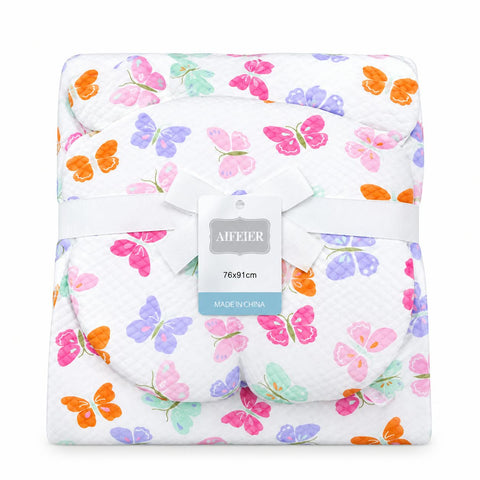 A folded baby blanket with a colorful butterfly pattern on a white background, wrapped in a white ribbon with a tag that reads 'AIFIER 76x91cm MADE IN CHINA'.