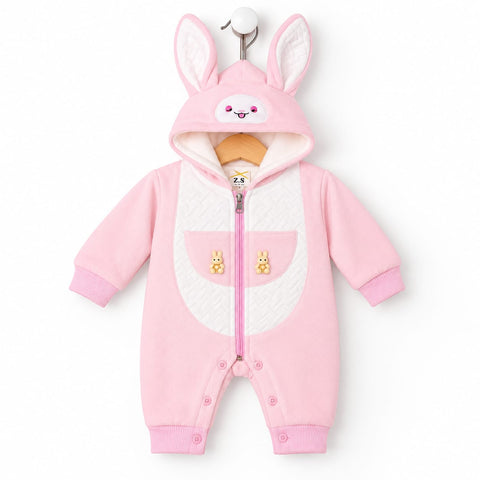 Velvet Baby Winter Hooded Zip Romper - Pink | 0-6 Months