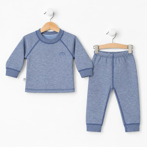 A two-piece baby loungewear set consisting of a heathered blue long-sleeve top and matching blue pants, displayed on wooden hangers against a clean white background.