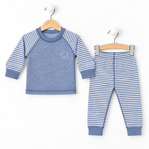 A two-piece baby clothing set consisting of a long-sleeve top and matching pants, displayed on wooden hangers against a plain white background. The top is heathered blue with blue and white striped sleeves and a small bear face graphic on the chest.