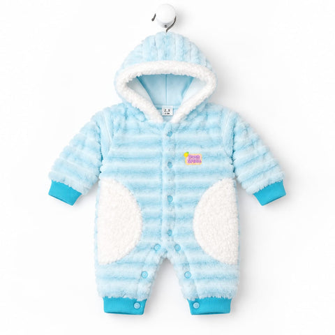 A baby's hooded one-piece snowsuit in light blue and white stripes, featuring a plush faux-fur texture, white panel details on the legs, and bright blue cuffs and hem, shown hanging against a white background.