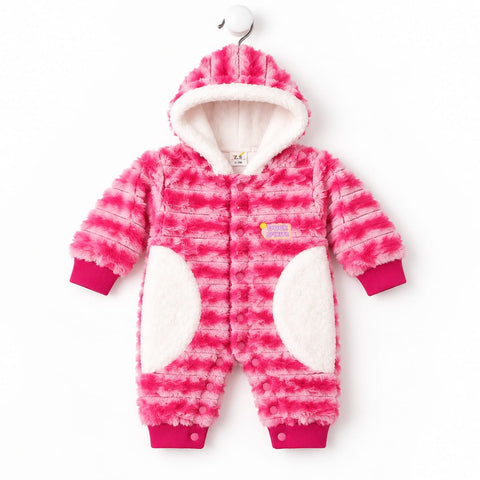 A baby's pink and white striped fuzzy hooded one-piece jumpsuit with white patch details on the legs, shown hanging on a white hanger against a white background.