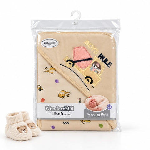 Wonderchild by Lilisoft 'Boys Rule' 0-9 inch baby wrapping sheet in a clear plastic hanger package, shown with a pair of matching cream teddy bear booties on a white background.