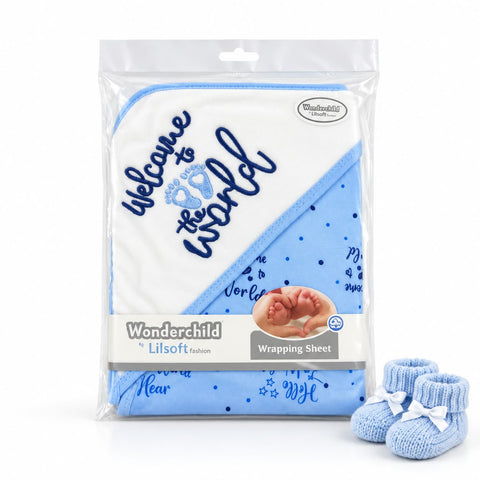 Velvet Newborn Wrapping Sheet Blue Welcome Print 30×30 Inches | Soft Baby Swaddle Blanket