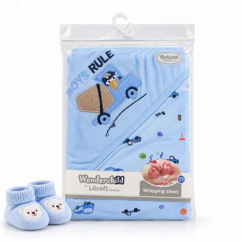 A packaged Wonderchild Lilsoft baby wrapping sheet in light blue with a cartoon dump truck design, shown with a matching pair of blue booties on a white background.