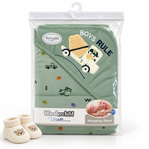 Wonderchild by Lilsoft boys rule baby hooded wrap in sage green with a truck graphic and matching cream booties, packaged in a clear plastic bag on a white background.
