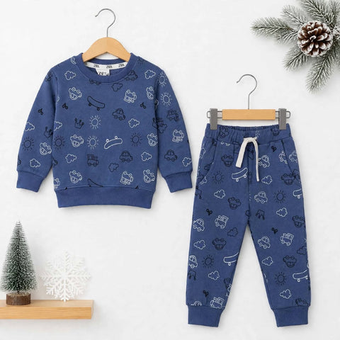 Kids Fleece Winter Suit Set Blue Skate – 2 Piece Shirt & Trouser – 18 Months to 5 Years