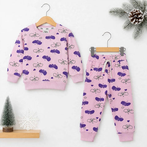 Kids Fleece Winter Suit Set Light Pink Butterfly – 2 Piece Shirt & Trouser – 18 Months to 5 Years