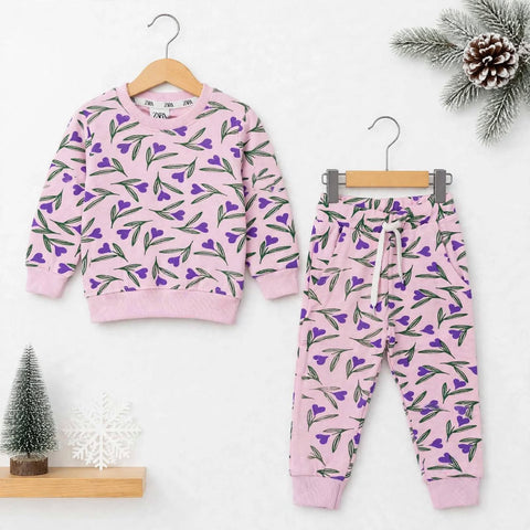 Kids Fleece Winter Suit Set Light Pink Tulip – 2 Piece Shirt & Trouser – 18 Months to 5 Years