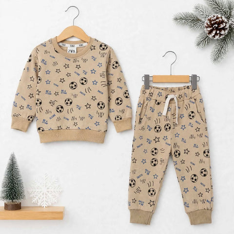 Kids Fleece Winter Suit Set Light Light Brown Football – 2 Piece Shirt & Trouser – 18 Months to 5 Years