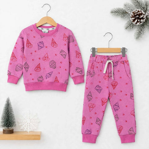Kids Fleece Winter Suit Set Light Pink Ice Cream – 2 Piece Shirt & Trouser – 18 Months to 5 Years