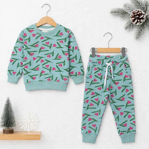 Kids Fleece Winter Suit Set Sea Green Tulip – 2 Piece Shirt & Trouser – 18 Months to 5 Years