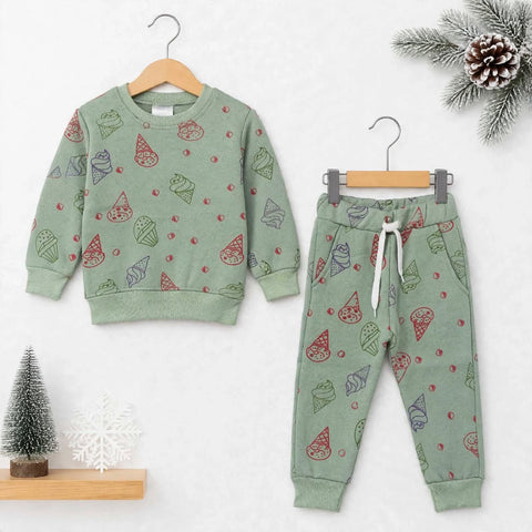 Kids Fleece Winter Suit Set Green Ice Cream – 2 Piece Shirt & Trouser – 18 Months to 5 Years