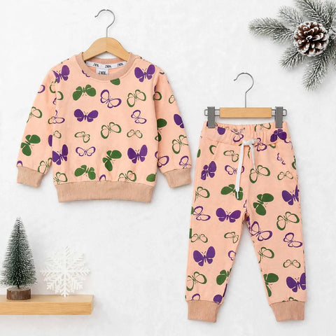 Kids Fleece Winter Suit Set Peach Butterfly – 2 Piece Shirt & Trouser – 18 Months to 5 Years