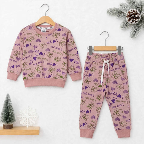 Kids Fleece Winter Suit Set Tea Pink Love – 2 Piece Shirt & Trouser – 18 Months to 5 Years