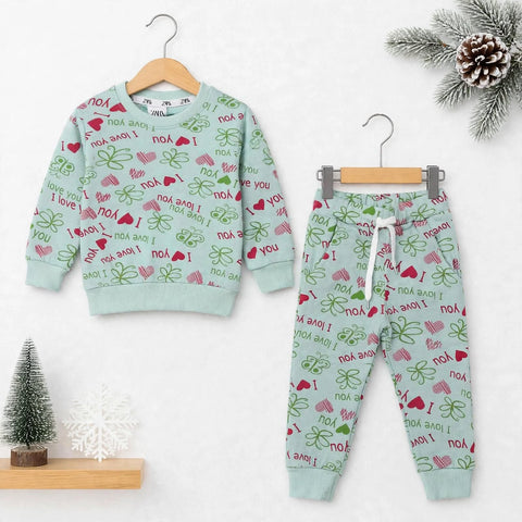Kids Fleece Winter Suit Set Green Love – 2 Piece Shirt & Trouser – 18 Months to 5 Years