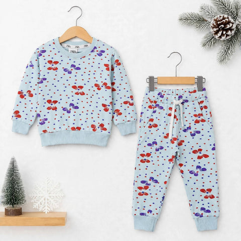 Kids Fleece Winter Suit Set Light Blue Polka – 2 Piece Shirt & Trouser – 18 Months to 5 Years