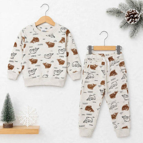 Kids Fleece Winter Suit Set Off White Dolphin – 2 Piece Shirt & Trouser – 18 Months to 5 Years