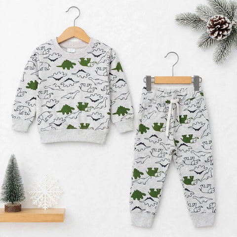 Kids Fleece Winter Suit Set Light Grey Animals – 2 Piece Shirt & Trouser – 18 Months to 5 Years