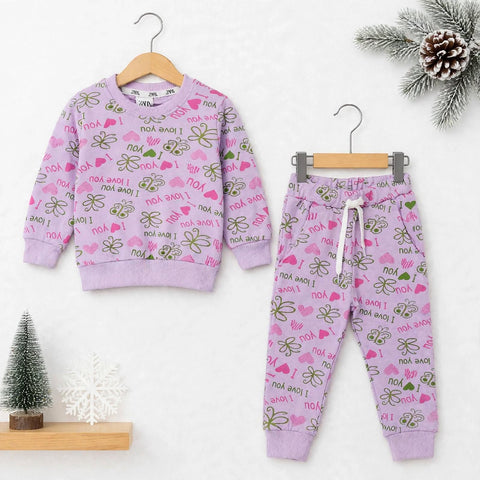 Kids Fleece Winter Suit Set Purple Love – 2 Piece Shirt & Trouser – 18 Months to 5 Years