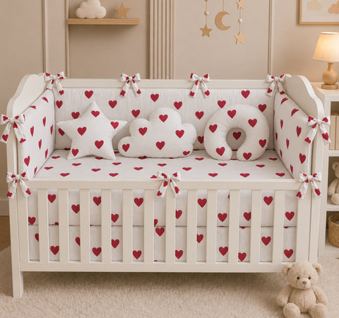 9 Piece Baby Cot Bedding Set Red Hearts | Complete Cot Bedding Set