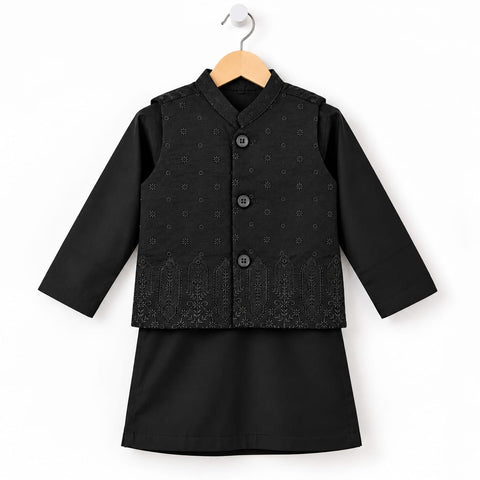 3-Piece Boys Waistcoat Kurta Trouser Suit – Wash & Wear Fabric – Black | OLINI