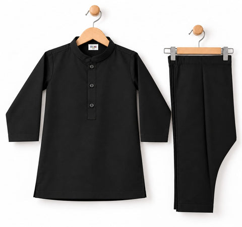 3-Piece Boys Waistcoat Kurta Trouser Suit – Wash & Wear Fabric – Black | OLINI