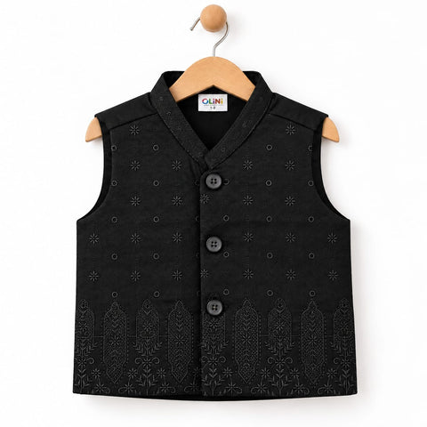 3-Piece Boys Waistcoat Kurta Trouser Suit – Wash & Wear Fabric – Black | OLINI