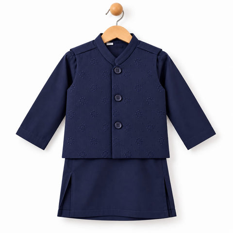 3-Piece Boys Waistcoat Kurta Trouser Suit – Wash & Wear Fabric – Navy | OLINI