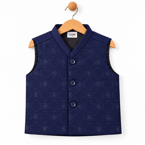 3-Piece Boys Waistcoat Kurta Trouser Suit – Wash & Wear Fabric – Navy | OLINI