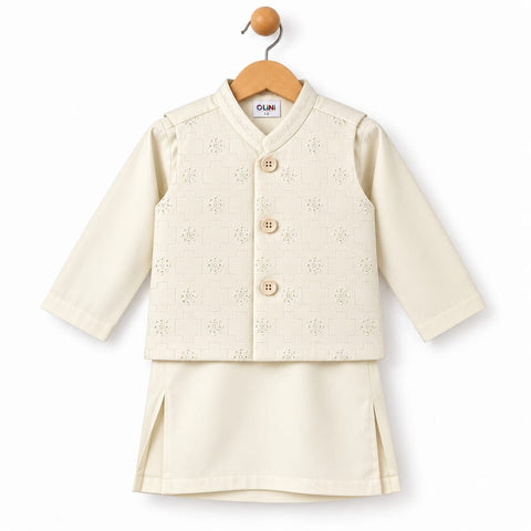 3-Piece Boys Waistcoat Kurta Trouser Suit – Wash & Wear Fabric – Cream | OLINI