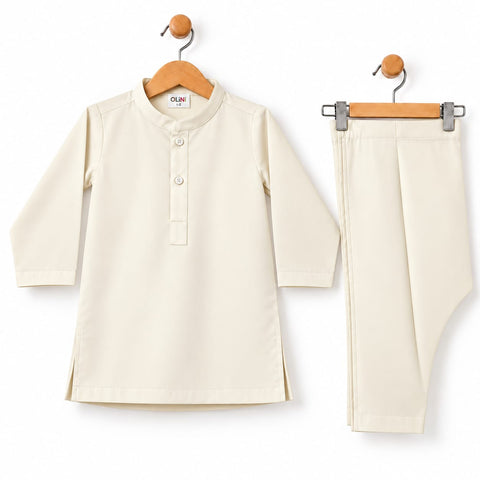 3-Piece Boys Waistcoat Kurta Trouser Suit – Wash & Wear Fabric – Cream | OLINI