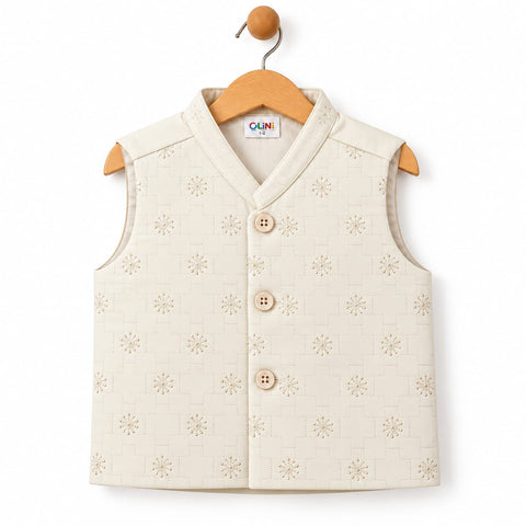 3-Piece Boys Waistcoat Kurta Trouser Suit – Wash & Wear Fabric – Cream | OLINI