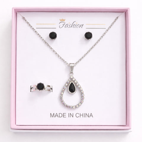 Fashion - 3 Pieces - Jewelry Set - Black - Silver Drop
