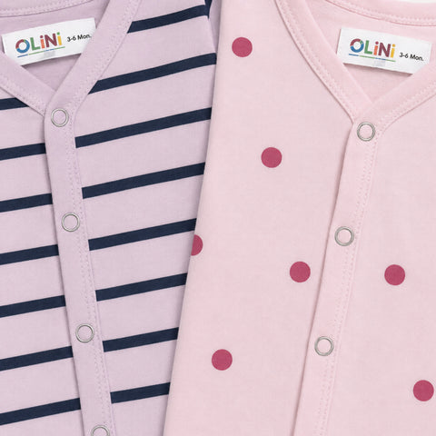 Cotton Jersey Short Leg Rompers - Pack of 2 - Purple Stripes & Pink Polka - LUJ - OLINI