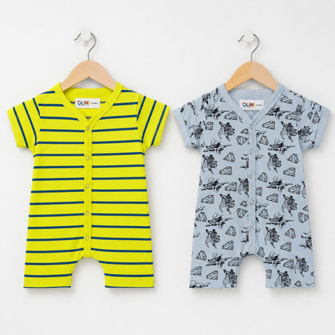 Cotton Jersey Short Leg Rompers - Pack of 2 - Lemon Stripes & Sky Hero - LUJ - OLINI
