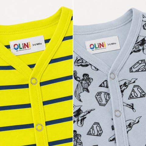 Cotton Jersey Short Leg Rompers - Pack of 2 - Lemon Stripes & Sky Hero - LUJ - OLINI