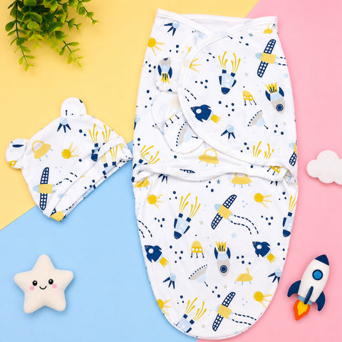 Newborn Swaddle with Cap - Blue - Rocket