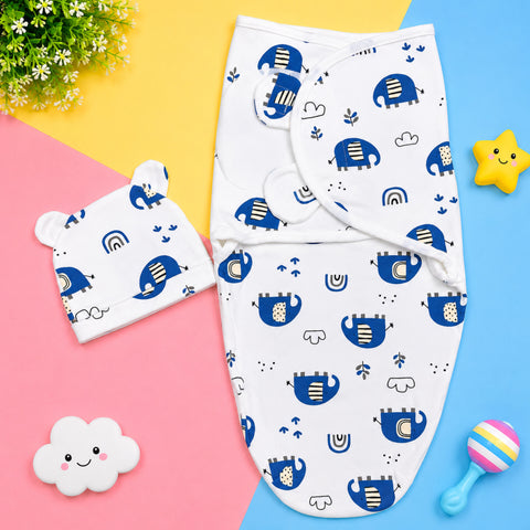 Newborn Swaddle with Cap - Blue - Elephant