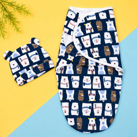 Newborn Swaddle with Cap - Navy - Bears