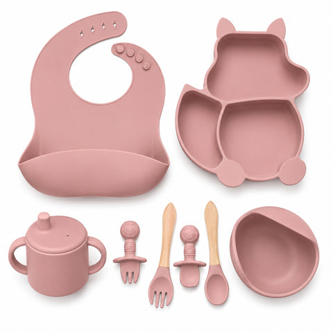 Silicone Baby Cutlery Set - 8 Pieces - Cat - Tea Pink