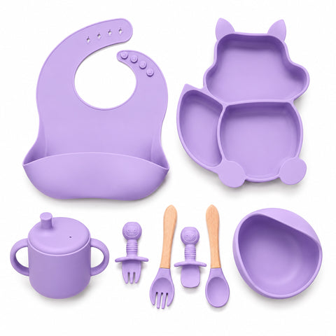 Silicone Baby Cutlery Set - 8 Pieces - Cat - Purple