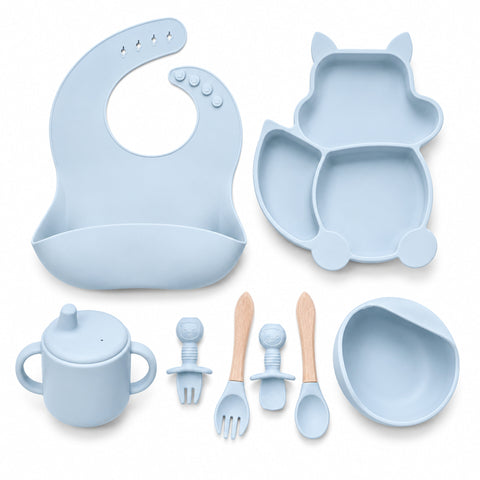 Silicone Baby Cutlery Set - 8 Pieces - Cat - Light Blue