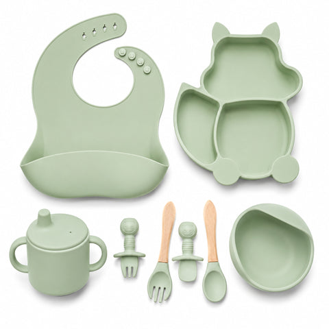 Silicone Baby Cutlery Set - 8 Pieces - Cat - Dark Green
