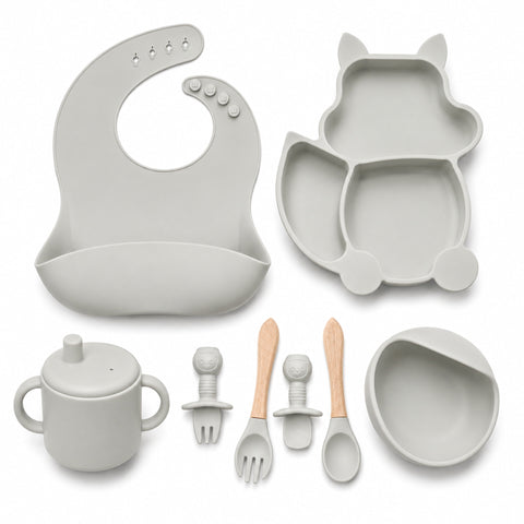 Silicone Baby Cutlery Set - 8 Pieces - Cat - Grey