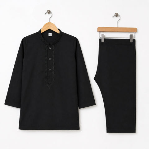 Soft Cotton Embroidered Kurta Shalwar - Black - TBS