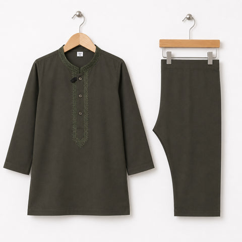 Soft Cotton Embroidered Kurta Shalwar - Dark Green - TBS