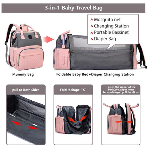 Waterproof Baby Bed & Bag - Pink & Grey - Love Queen