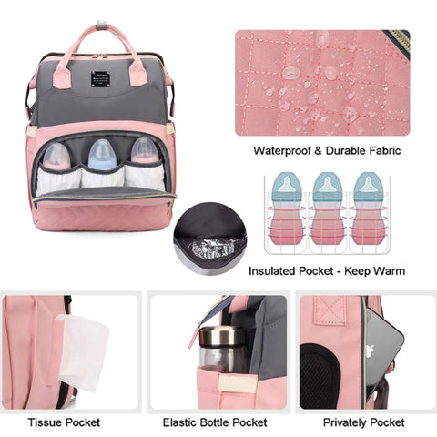 Waterproof Baby Bed & Bag - Pink & Grey - Love Queen