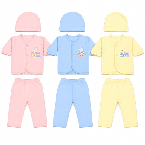 Three baby clothing sets arranged on a white background, each including a soft hat, cardigan, and pants in pastel pink, light blue, and pale yellow. The cardigans have small embroidered cartoon motifs and snap closures.